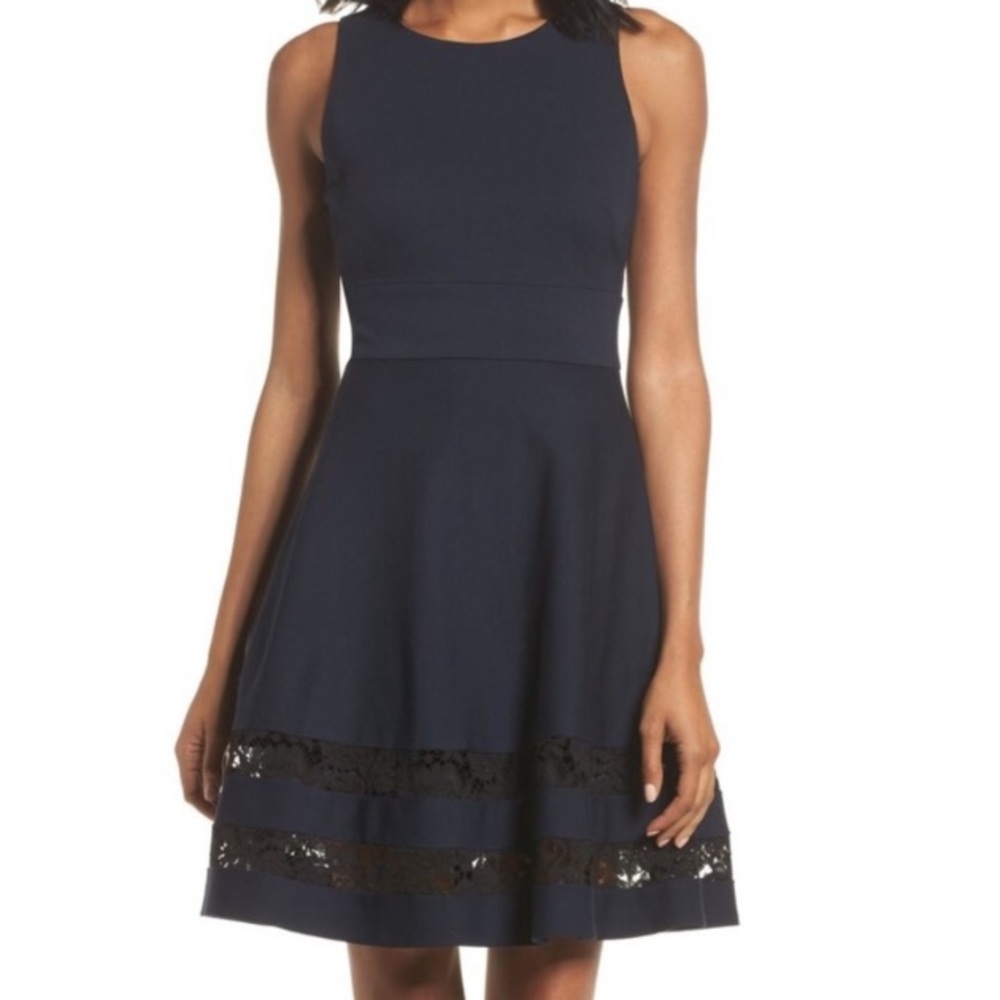 Eliza J Navy Sleeveless Fit-and-Flare Mini Dress with Lace Insets